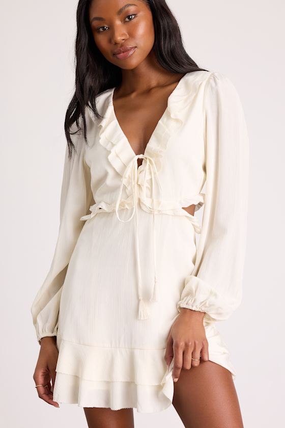 Castilla Ivory Ruffled Long Sleeve Mini Dress 1