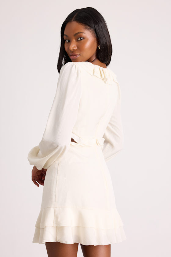 Ivory Chiffon Mini Dress - Ruffled Mini Dress - Long Sleeve Mini