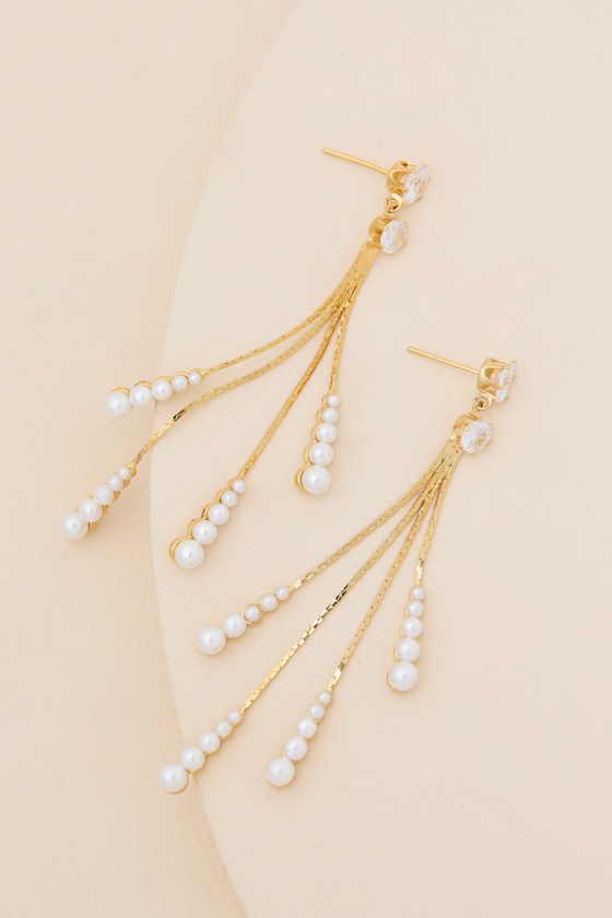 Nicole Gold Rhinestone Pearl Fringe Earrings 2