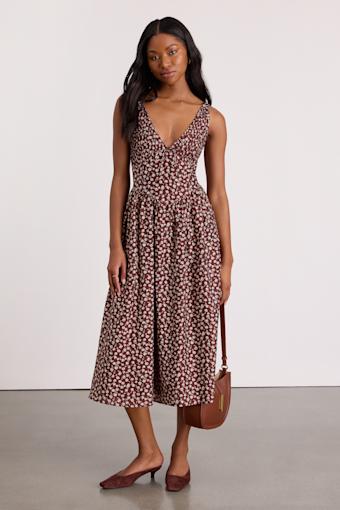 Janella Brown Floral Basque Waist Midi Dress 1