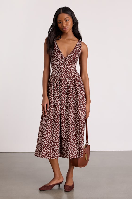 Janella Brown Floral Basque Waist Midi Dress 1