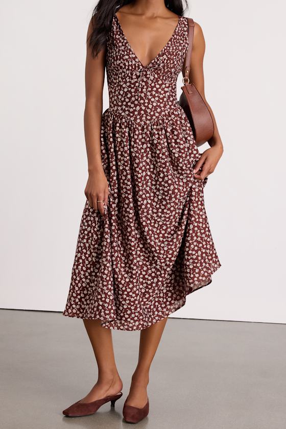 Janella Brown Floral Basque Waist Midi Dress 2