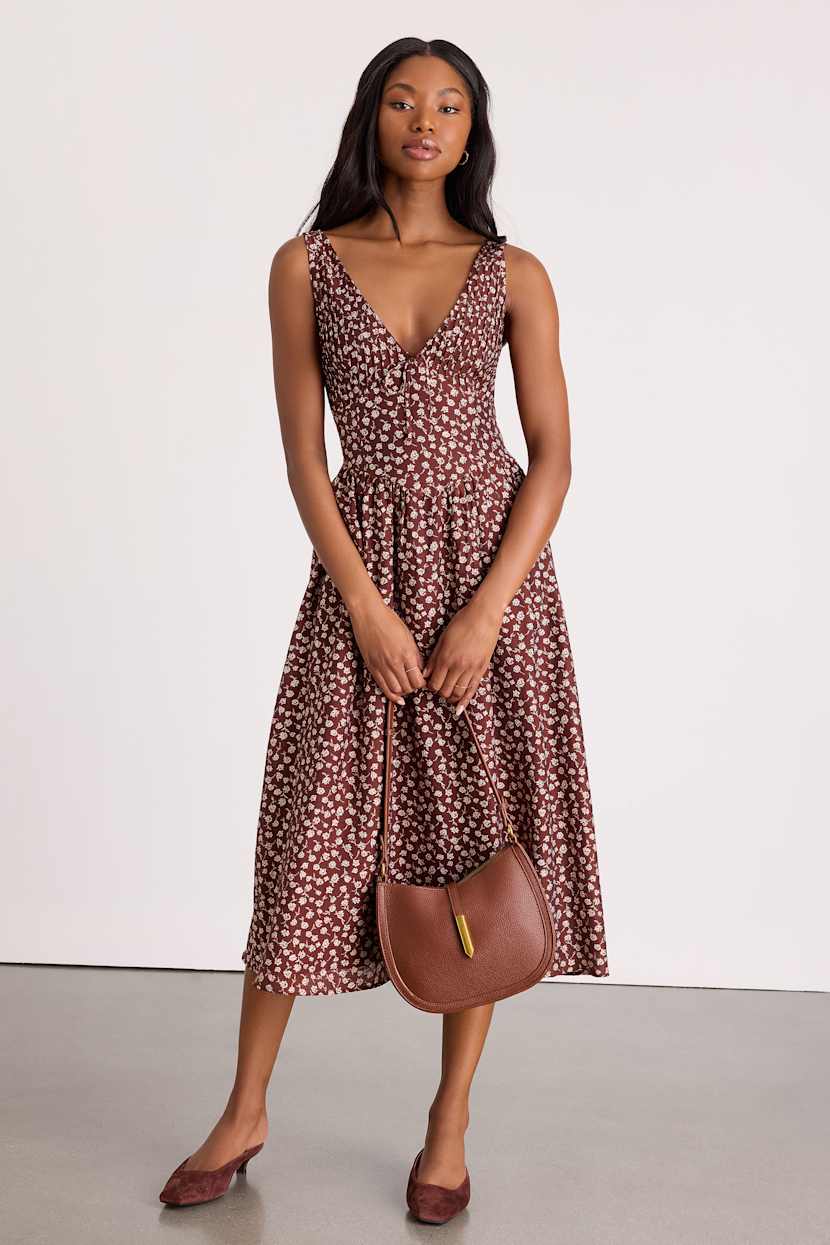 brown floral cocktail dress Brown Floral Flutter Sleeve Maxi Dress - All Dresses