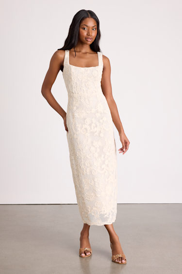 White Larine Cream Abstract Floral Embroidered Midi Dress | Womens | X-Small (Available in S) | 100% Cotton | Lulus