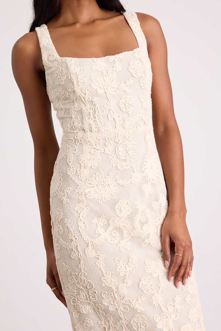 Lulus | White Larine Cream Abstract Floral Embroidered Midi Dress | Womens | Medium (Available in XS, S, L, XL) | 100% Cotton