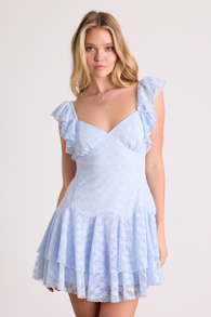 Sabriella Dusty Blue Lace Tiered Mini Dress 1