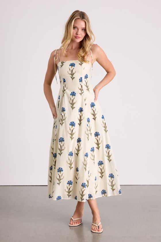 Syros Cream Floral Tie-Strap Midi Dress 1