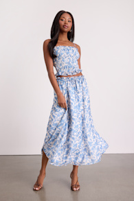 Denarius White and Blue Leaf Print Two-Piece Midi Dress 1
