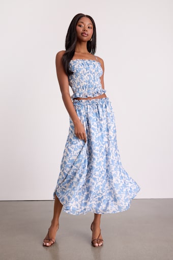 Denarius White and Blue Leaf Print Two-Piece Midi Dress 1