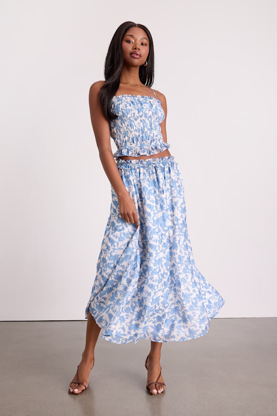 Denarius White and Blue Leaf Print Two-Piece Midi Dress 1