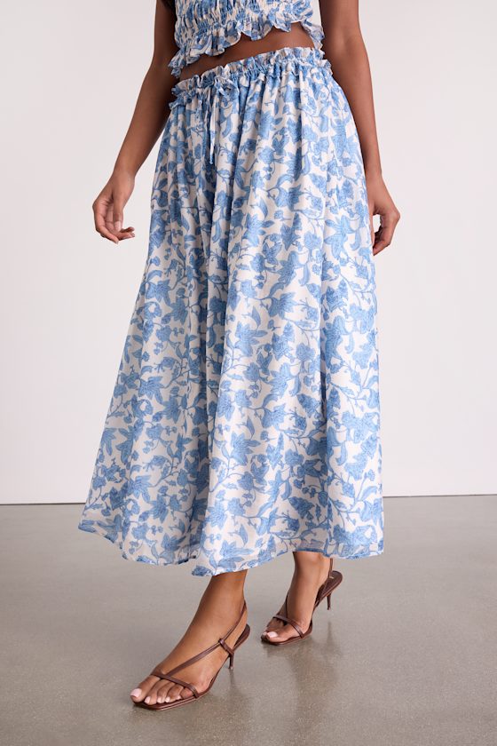 White & Blue Leaf Print Set - Two-Piece Skirt Set - 2PC Dress Set - Image 3