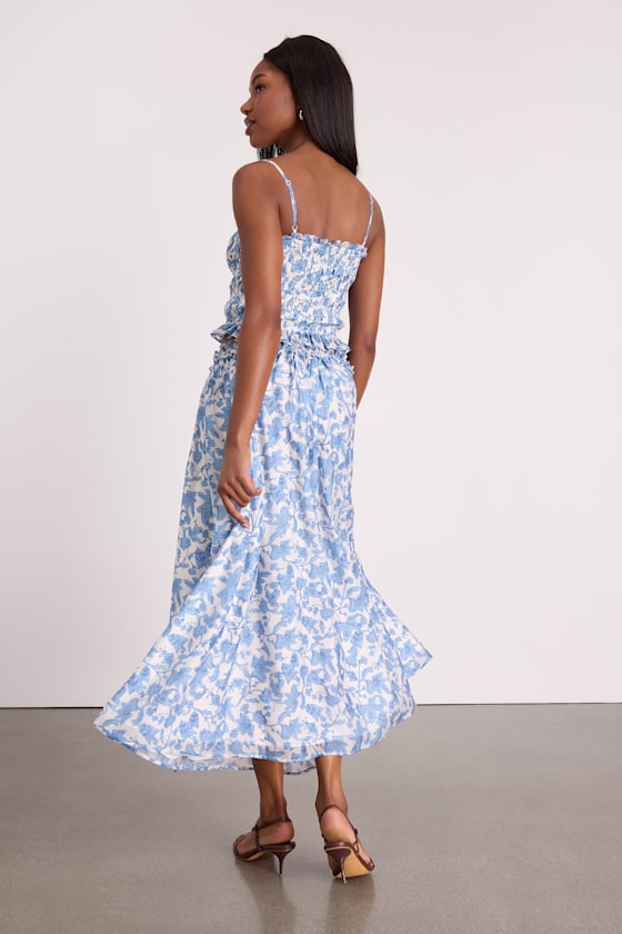 White & Blue Leaf Print Set - Two-Piece Skirt Set - 2PC Dress Set - Image 4