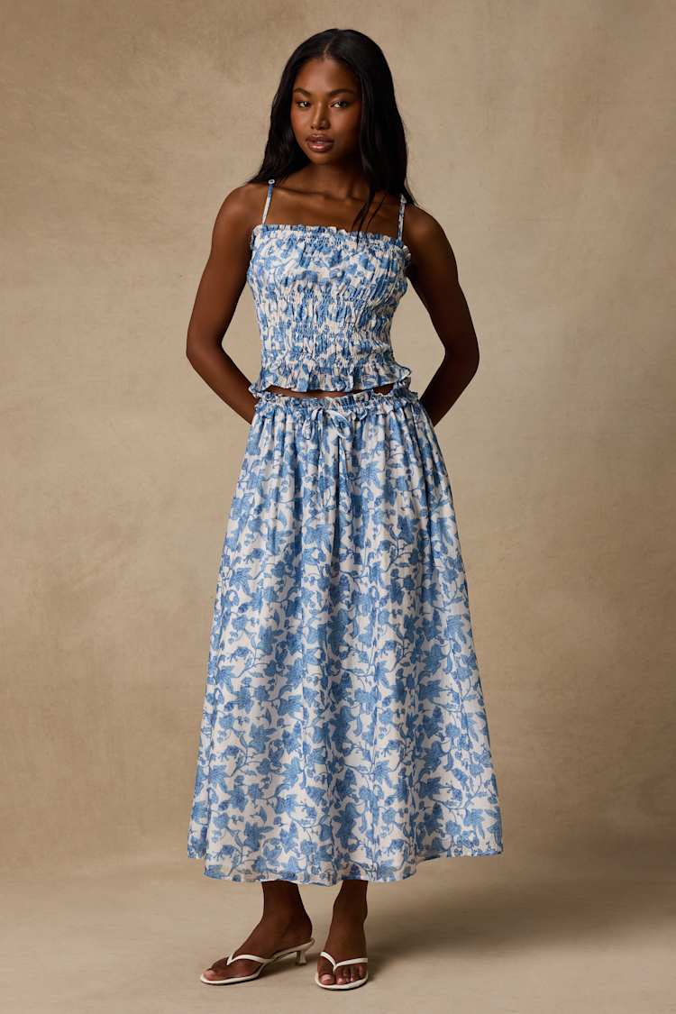 White & Blue Leaf Print Set - Two-Piece Skirt Set - 2PC Dress Set - Lulus
