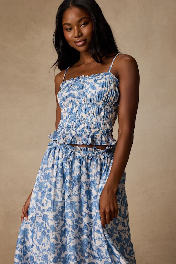 Denarius White and Blue Leaf Print Two-Piece Midi Dress 3