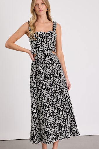 Myka Black Floral Embroidered Cutout Midi Dress 1