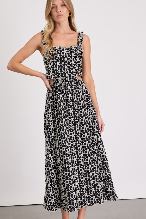 Myka Black Floral Embroidered Cutout Midi Dress 1