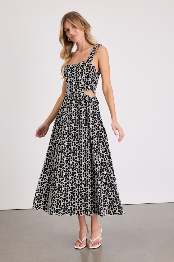 Myka Black Floral Embroidered Cutout Midi Dress 2