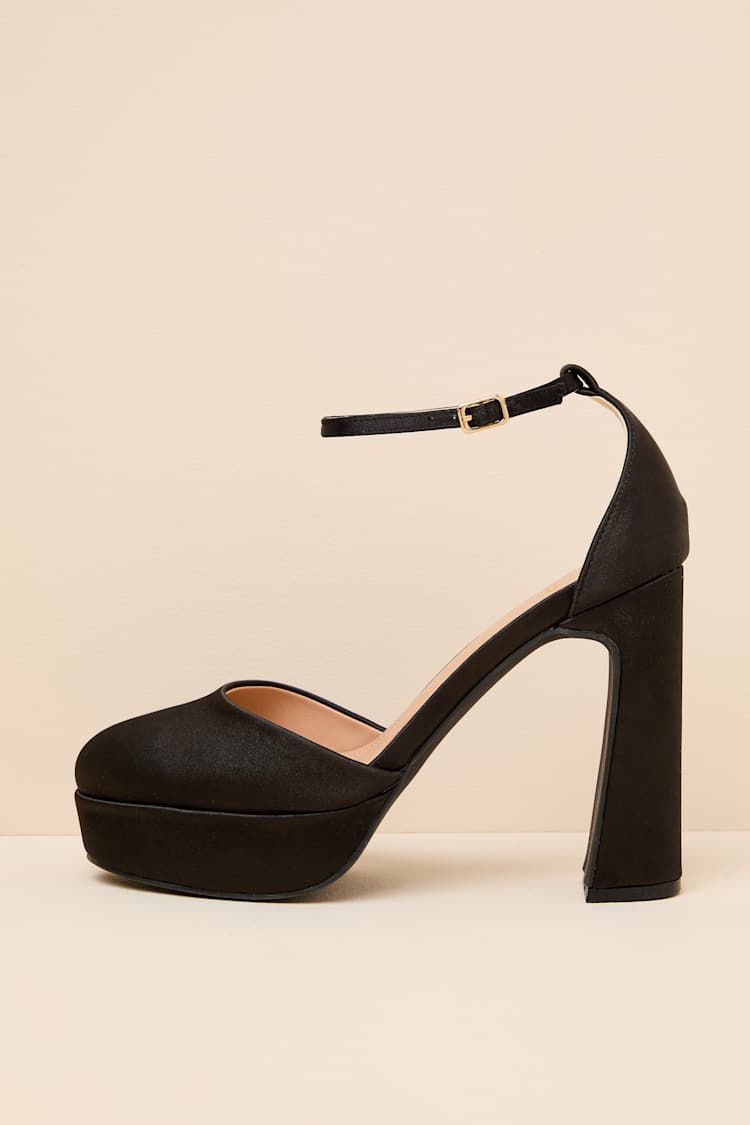 Vivien Black Satin Ankle Strap Platform Heels