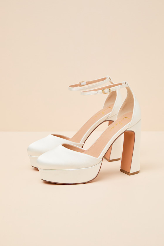 Vivien White Satin Ankle Strap Platform Heels - thumbnail 5