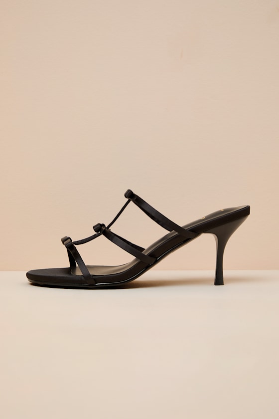 Millie Black Satin Strappy Bow High Heel Slide Sandals 1