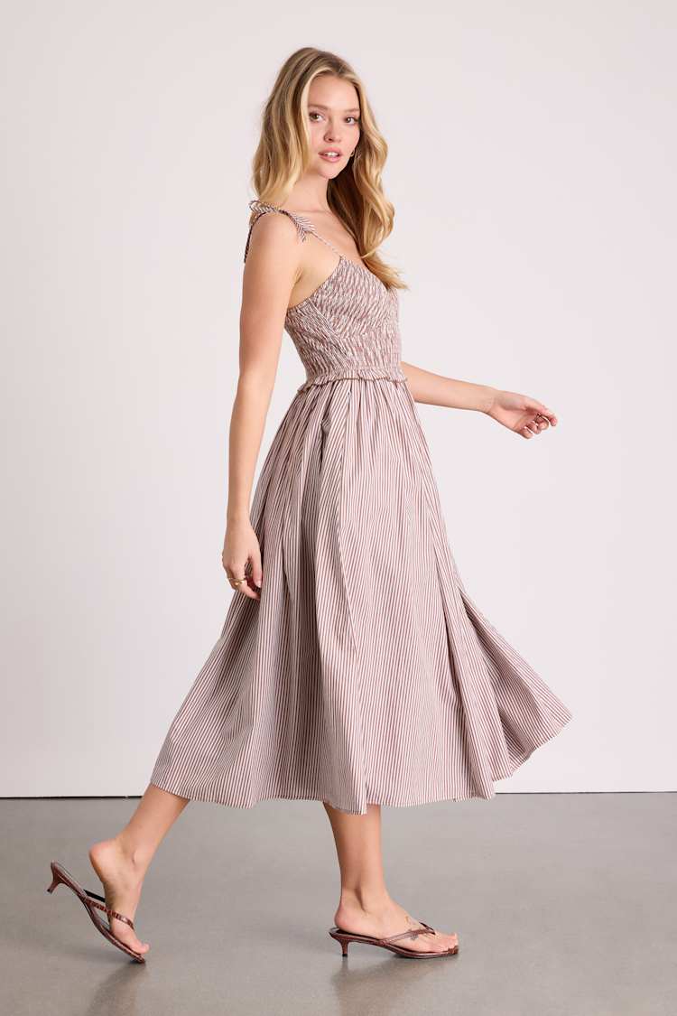 White Striped Smocked Midi Dress | Womens | X-Large (Available in XS, S, M, L) | 100% Cotton | Lulus