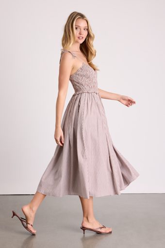 Fanya Brown and White Striped Smocked Midi Dress 4