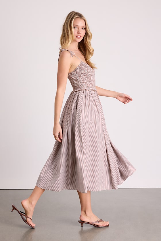 Fanya Brown and White Striped Smocked Midi Dress 4