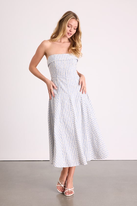 Kaletta Blue and Ivory Striped Eyelet Embroidered Midi Dress 1