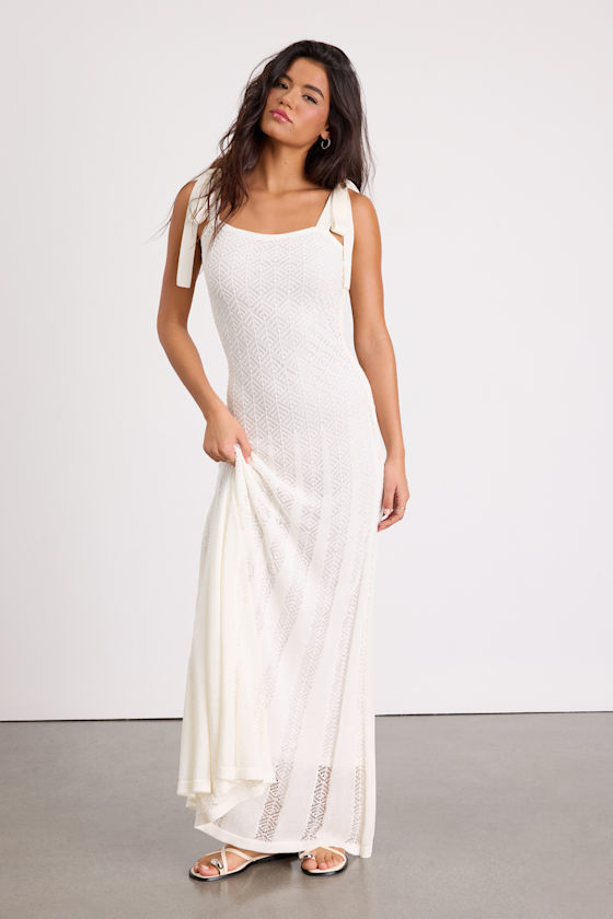 White Crochet Maxi Dress - Tie-Strap Maxi Dress - Knit Maxi Dress