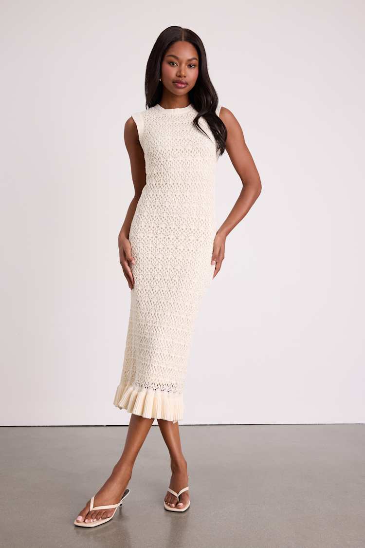 Nusa Cream Crochet Ruffled Column Midi Dress