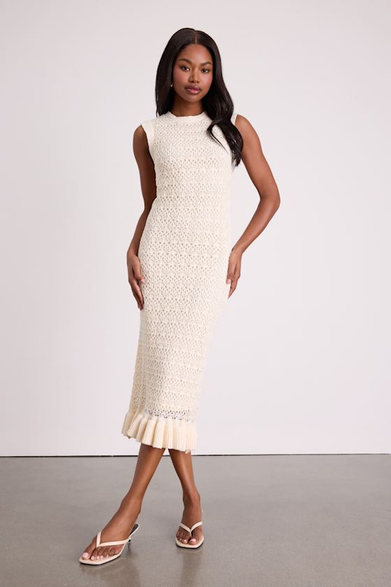 Nusa Cream Crochet Ruffled Column Midi Dress 1