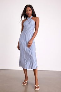 Gratiana Light Blue Striped Cross-Front Halter Midi Dress 1