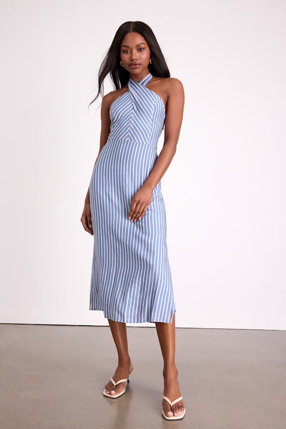 Gratiana Light Blue Striped Cross-Front Halter Midi Dress 1