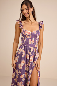 Sweet Like Sangria Purple Floral Ruffled Bustier Midi Dress 1
