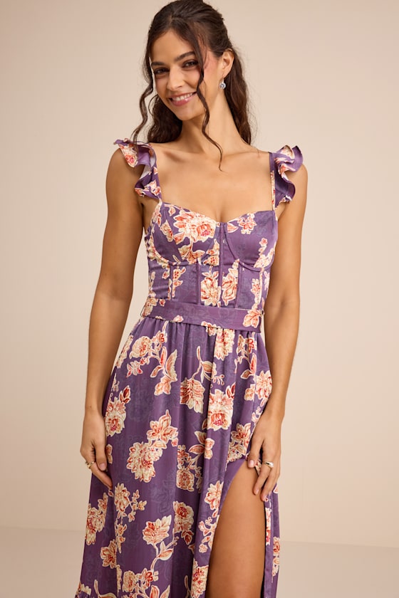 Sweet Like Sangria Purple Floral Ruffled Bustier Midi Dress 1