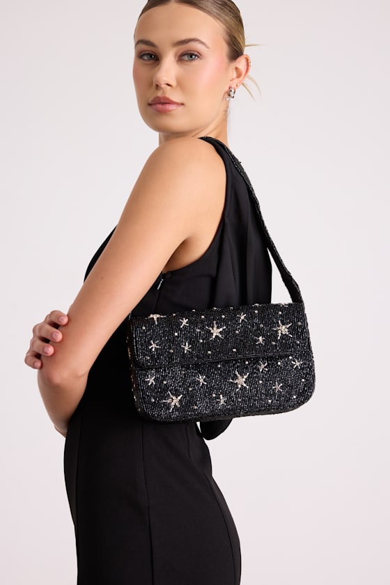 Black Beaded Handbag - Rhinestone Star Shoulder Bag - Beaded Bag