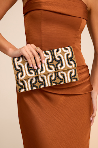 Sikuna Beige and Black Beaded Clutch 1