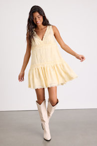 Romy Light Yellow Lace Tiered Shift Mini Dress 3