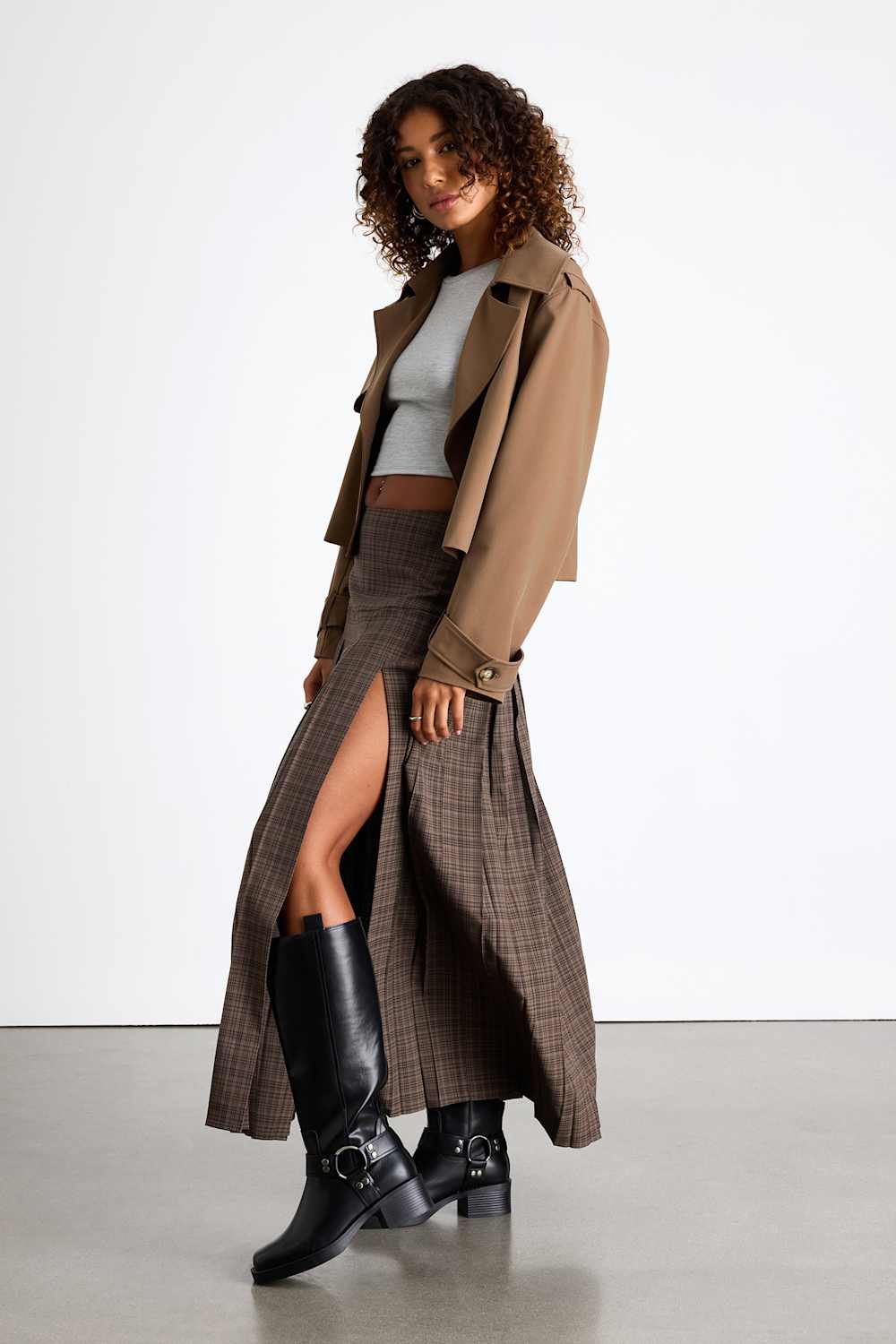 Vessa Brown Plaid High-Rise Pleated Maxi Skirt