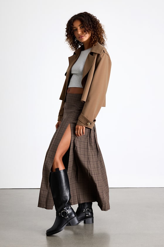 Vessa Brown Plaid High-Rise Pleated Maxi Skirt 1