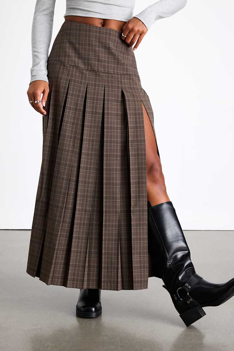 Vessa Brown Plaid High-Rise Pleated Maxi Skirt