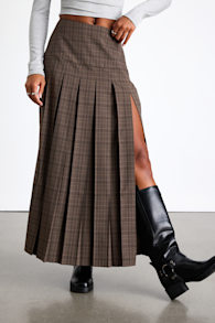 Vessa Brown Plaid High-Rise Pleated Maxi Skirt 4