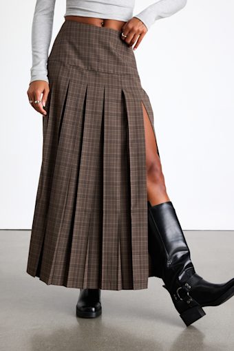 Vessa Brown Plaid High-Rise Pleated Maxi Skirt 4