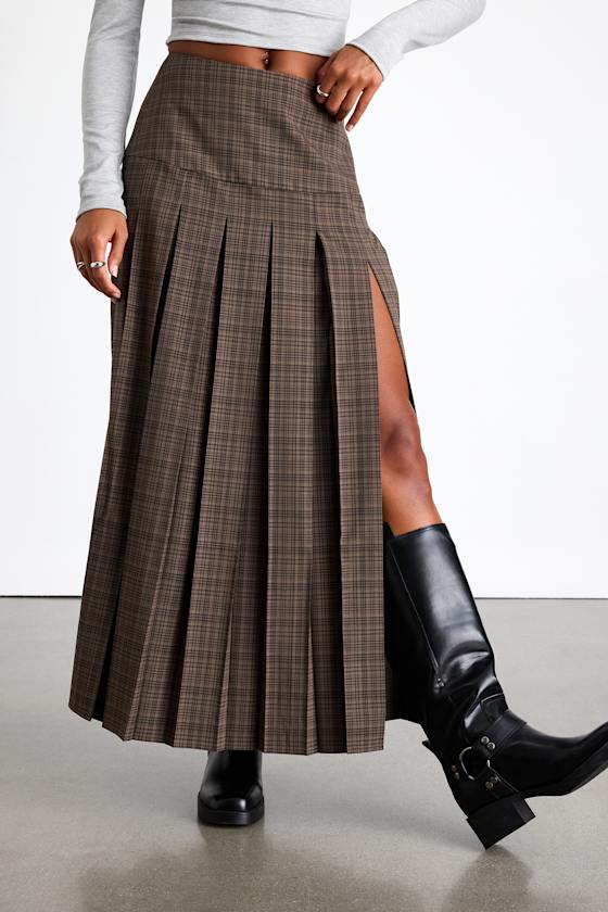Vessa Brown Plaid High-Rise Pleated Maxi Skirt 4