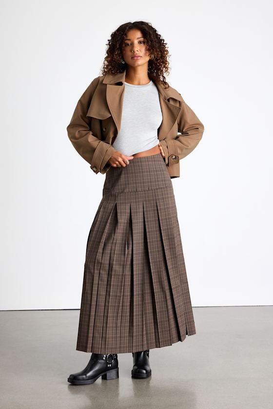 Brown Pleated Skirt - High-Rise Maxi Skirt - Plaid Maxi Skirt - Lulus