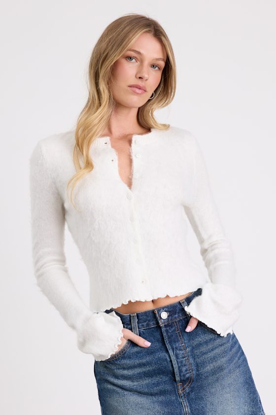 Mosley Ivory Fuzzy Knit Button-Up Cardigan 1