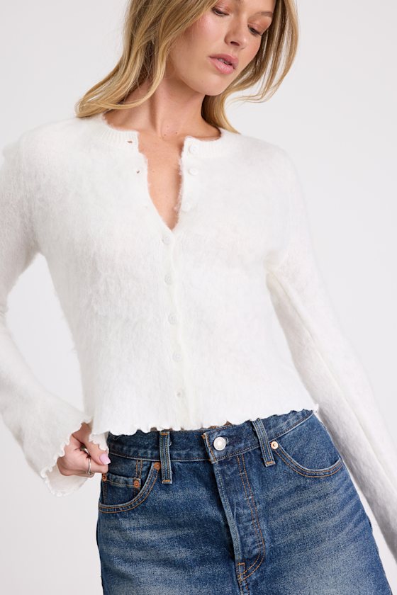 Mosley Ivory Fuzzy Knit Button-Up Cardigan 2