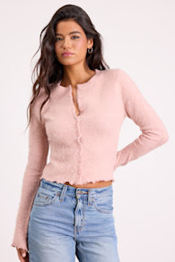Mosley Blush Pink Fuzzy Knit Button-Up Cardigan 1