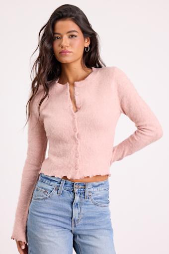 Mosley Blush Pink Fuzzy Knit Button-Up Cardigan 1