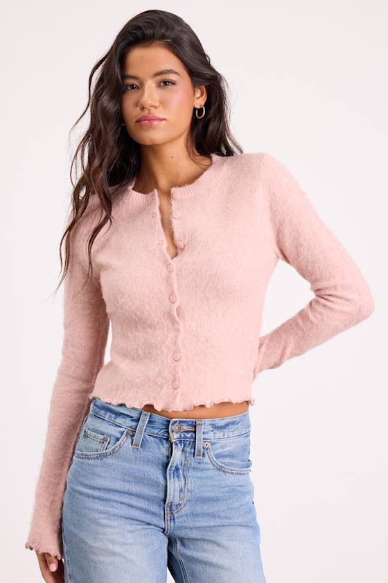 Mosley Blush Pink Fuzzy Knit Button-Up Cardigan 1